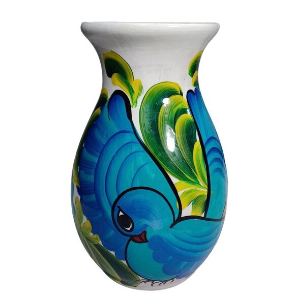 Mexican Folk Art Pottery Talavera Peacock Daisy Flowers Floral Hand Painted Vase - Picture 2 of 8